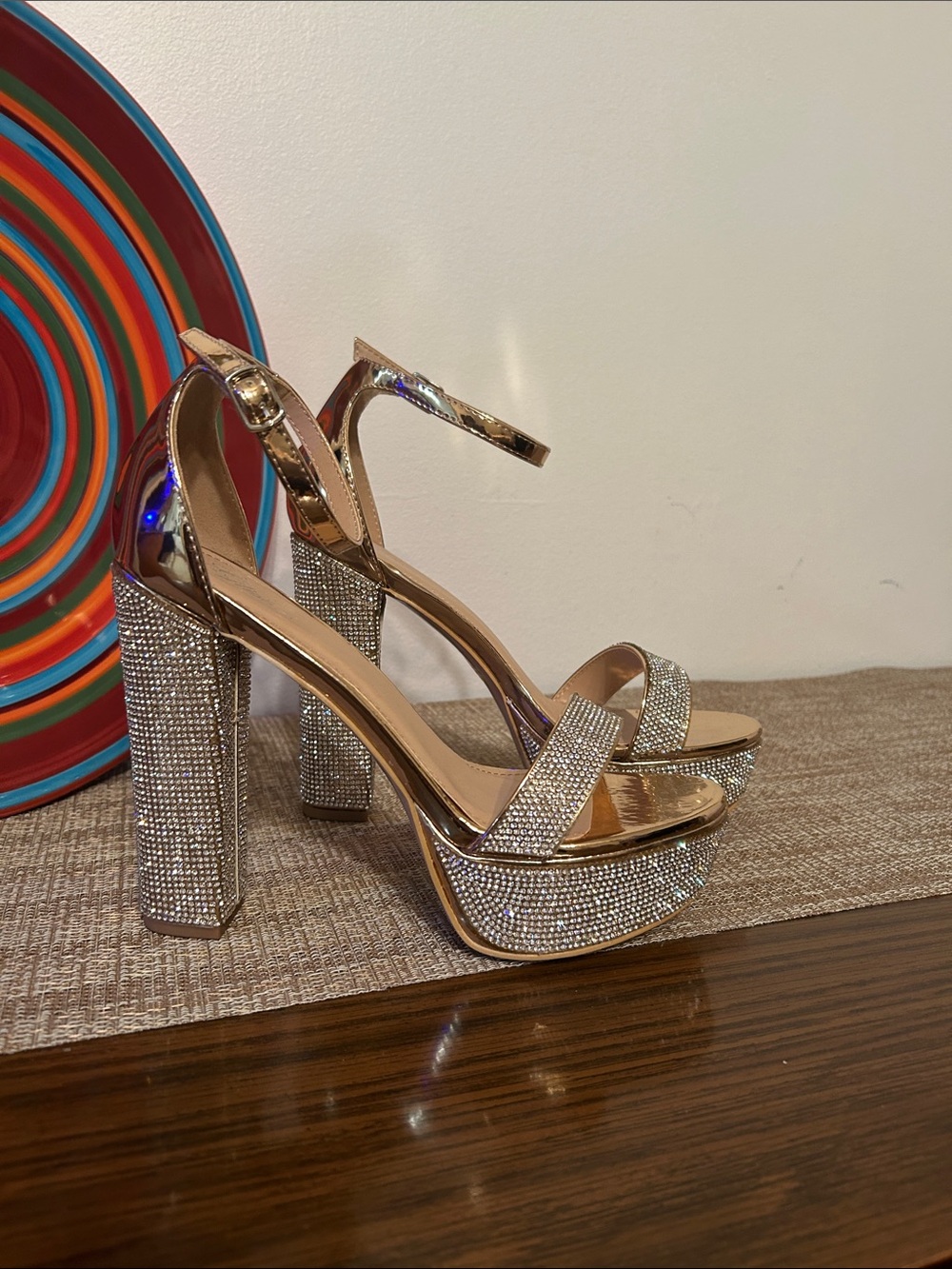 Women's Gold Rhinestone Platform Block Heel Sandals Worn Once